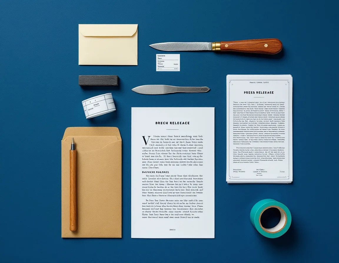 Overhead flat-lay of a press kit: a marking knife with a brass ferrule, a chisel, a printed press release and spec sheet on navy paper